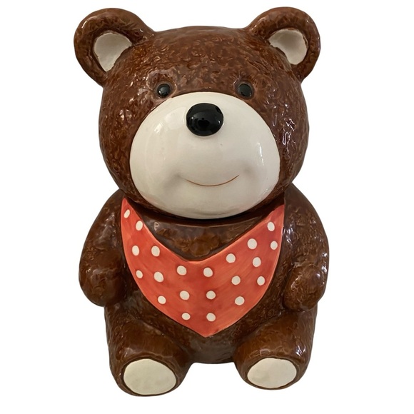 Vintage 1983 Otagiri Ceramic Brown Bear Cookie Jar with Red Polka Dot Bandana - Picture 2 of 16